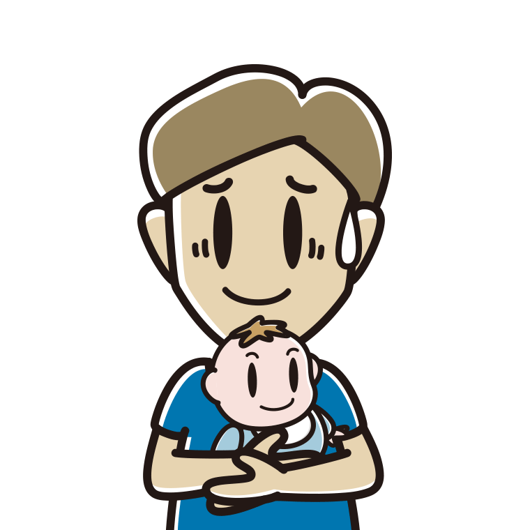 赤ちゃんを抱いて苦笑いする男性のイラスト【色あり、背景なし】透過PNG