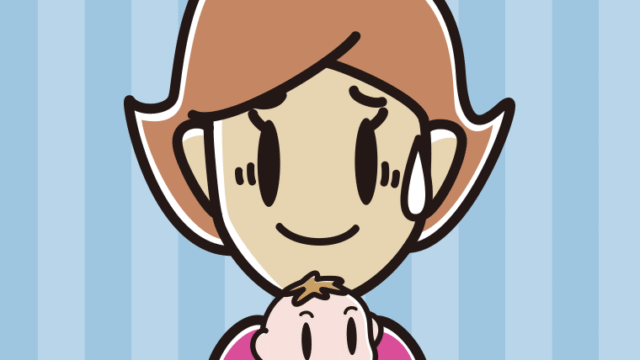 赤ちゃんを抱いて苦笑いする女性のイラスト【色、背景あり】PNG