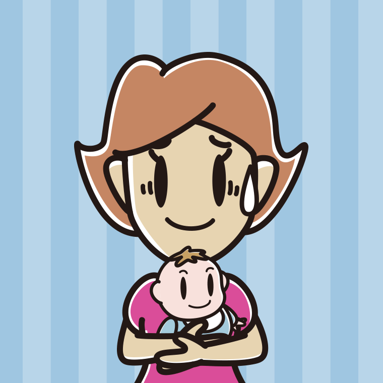 赤ちゃんを抱いて苦笑いする女性のイラスト【色、背景あり】PNG