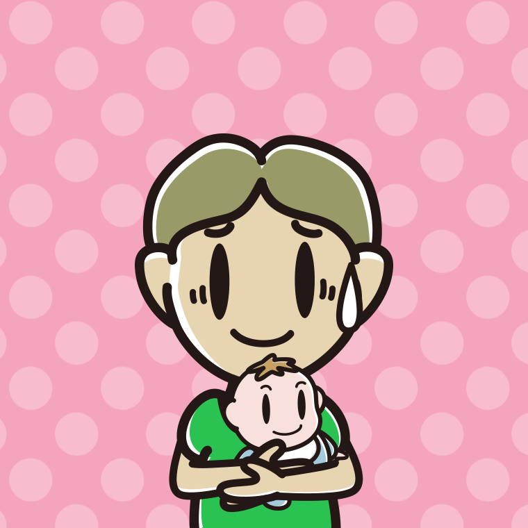 赤ちゃんを抱いて苦笑いする小学生男子のイラスト【色、背景あり】PNG