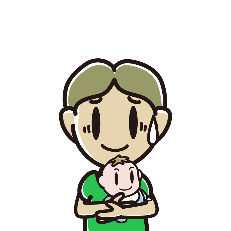 赤ちゃんを抱いて苦笑いする小学生男子のイラスト【色あり、背景なし】透過PNG
