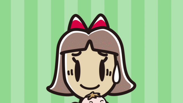 赤ちゃんを抱いて苦笑いする小学生女子のイラスト【色、背景あり】PNG