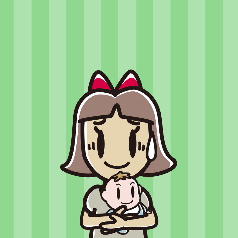 赤ちゃんを抱いて苦笑いする小学生女子のイラスト【色、背景あり】PNG