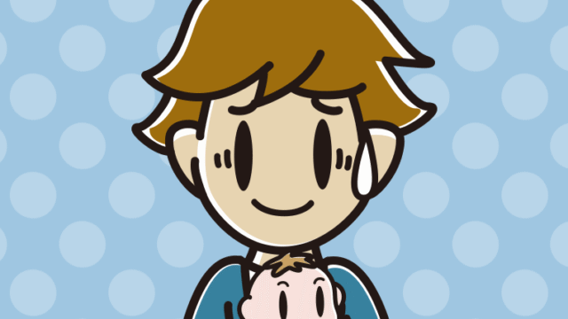 赤ちゃんを抱いて苦笑いする男子高校生のイラスト【色、背景あり】PNG