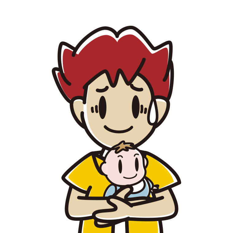 赤ちゃんを抱いて苦笑いする男子大学生のイラスト【色あり、背景なし】透過PNG