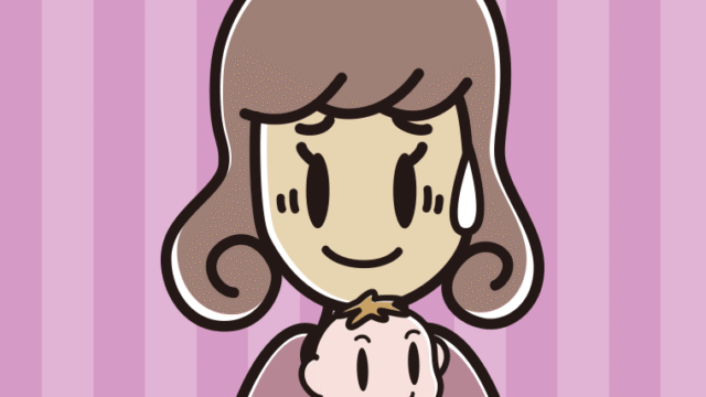 赤ちゃんを抱いて苦笑いする女子大学生のイラスト【色、背景あり】PNG