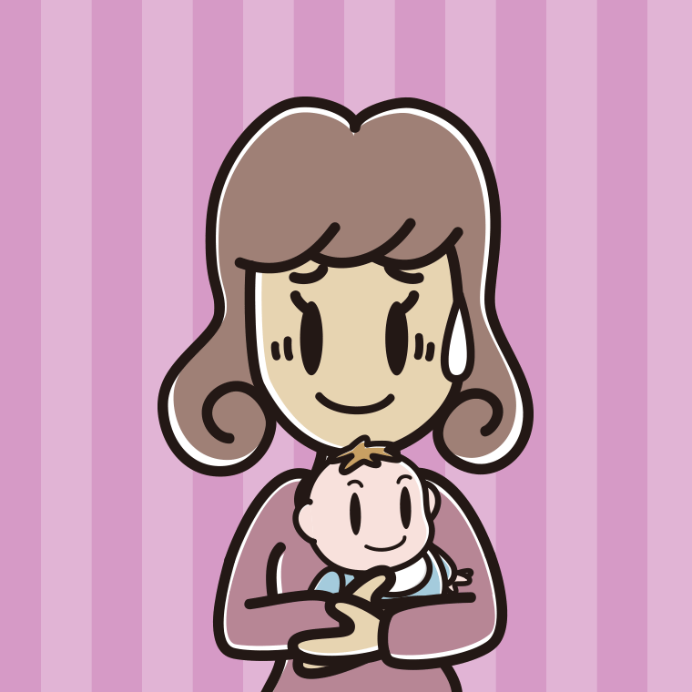 赤ちゃんを抱いて苦笑いする女子大学生のイラスト【色、背景あり】PNG