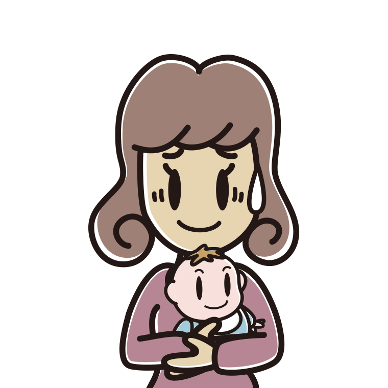 赤ちゃんを抱いて苦笑いする女子大学生のイラスト【色あり、背景なし】透過PNG