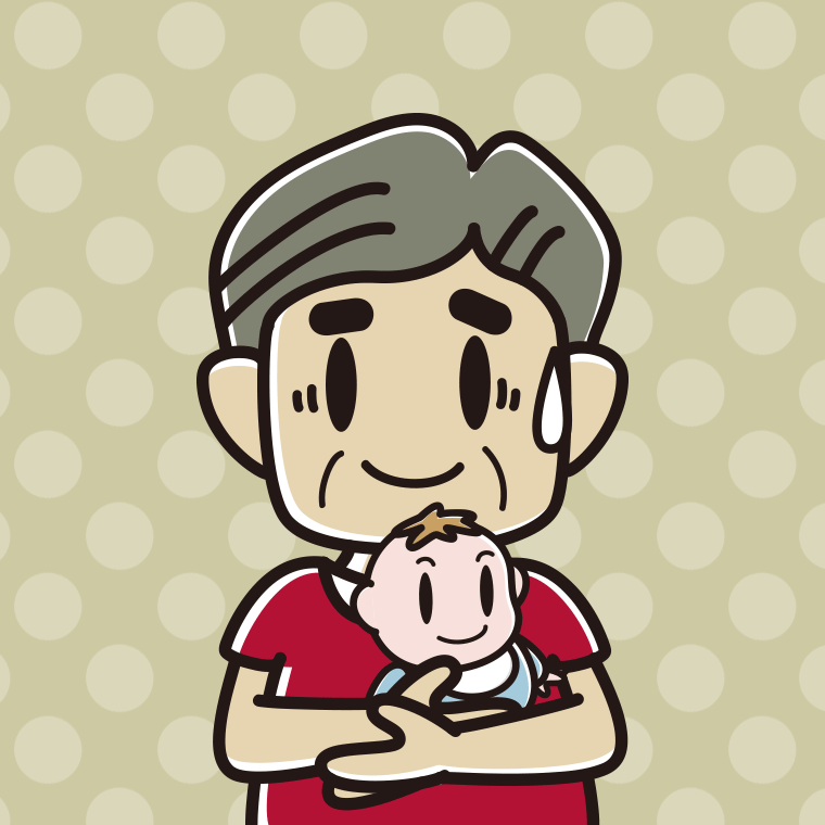 赤ちゃんを抱いて苦笑いするおじさんのイラスト【色、背景あり】PNG