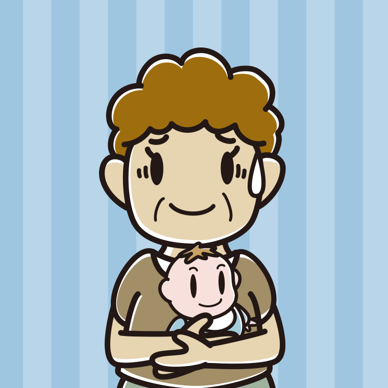赤ちゃんを抱いて苦笑いするおばさんのイラスト【色、背景あり】PNG