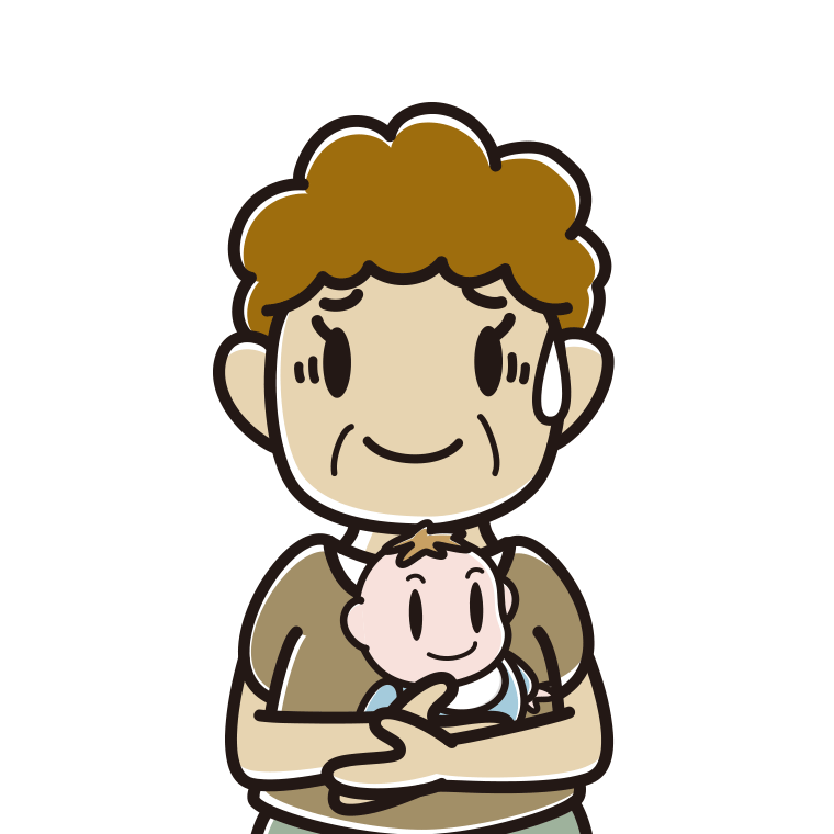 赤ちゃんを抱いて苦笑いするおばさんのイラスト【色あり、背景なし】透過PNG