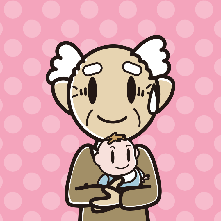 赤ちゃんを抱いて苦笑いするおじいさんのイラスト【色、背景あり】PNG