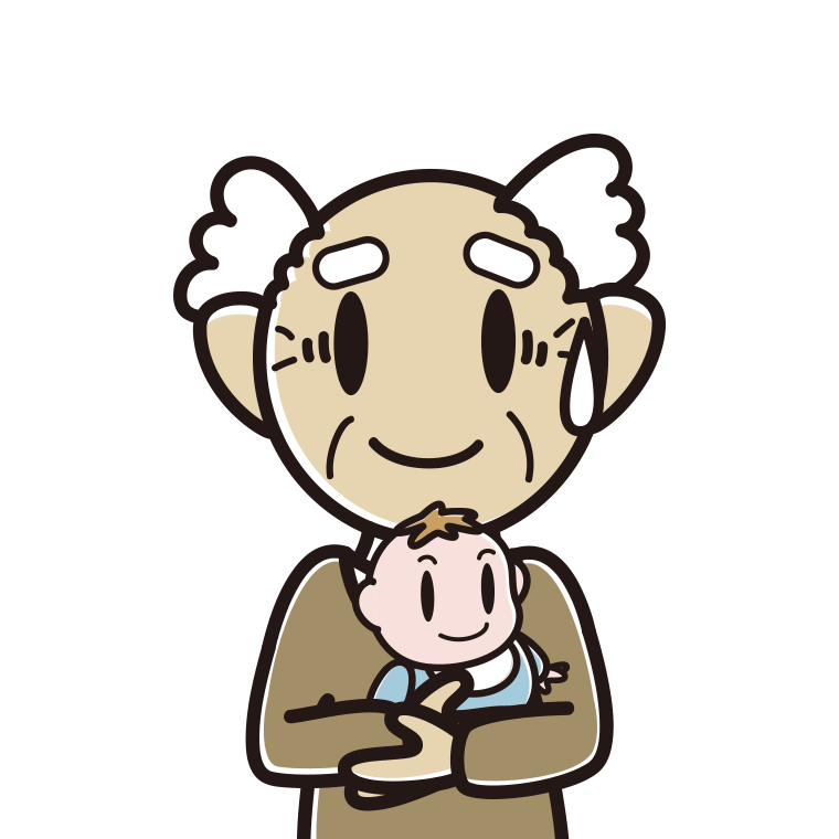 赤ちゃんを抱いて苦笑いするおじいさんのイラスト【色あり、背景なし】透過PNG
