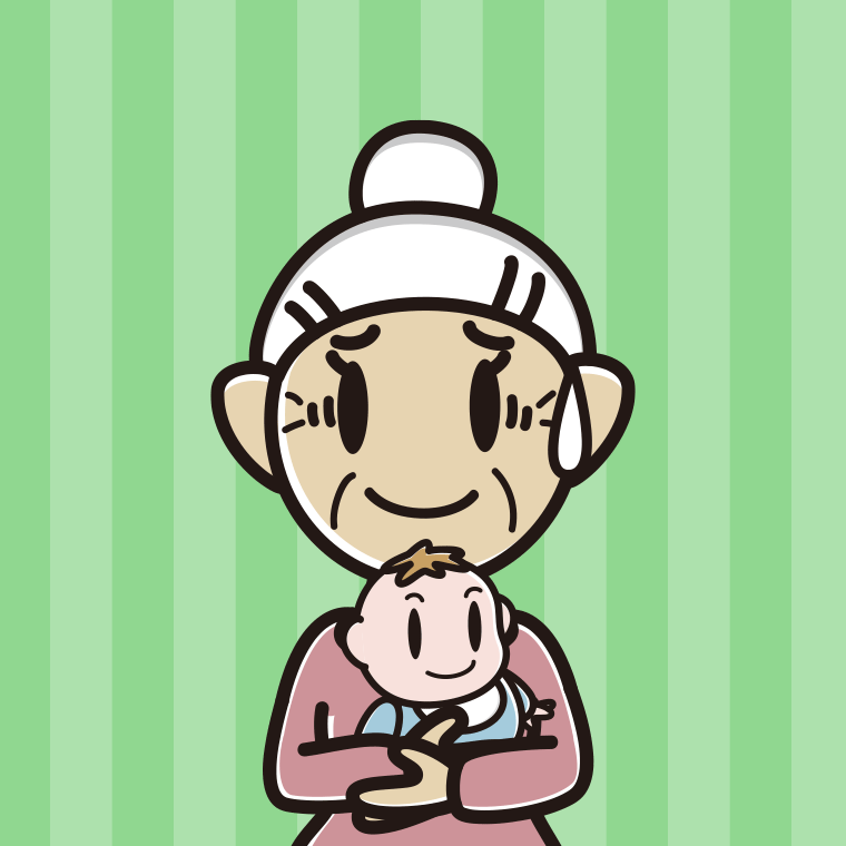 赤ちゃんを抱いて苦笑いするおばあさんのイラスト【色、背景あり】PNG