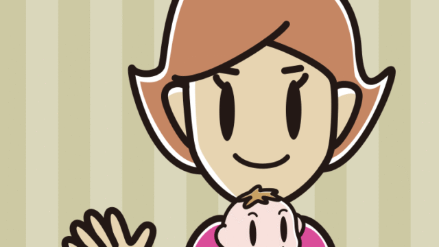 赤ちゃんを抱いて手を振る女性のイラスト【色、背景あり】PNG
