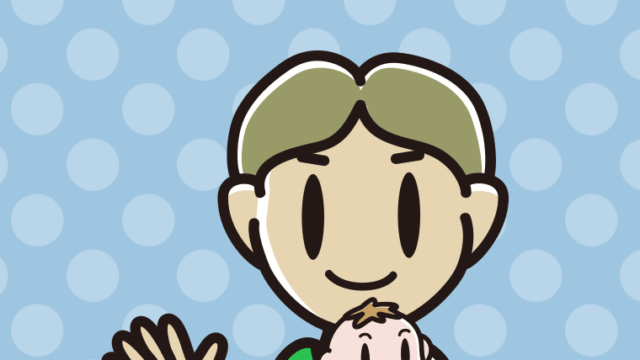 赤ちゃんを抱いて手を振る小学生男子のイラスト【色、背景あり】PNG