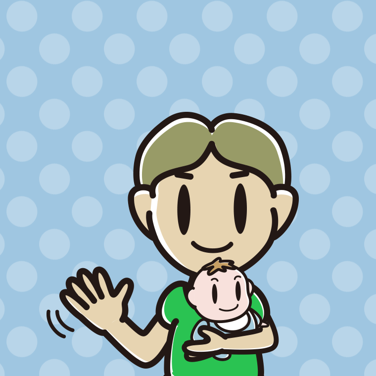 赤ちゃんを抱いて手を振る小学生男子のイラスト【色、背景あり】PNG