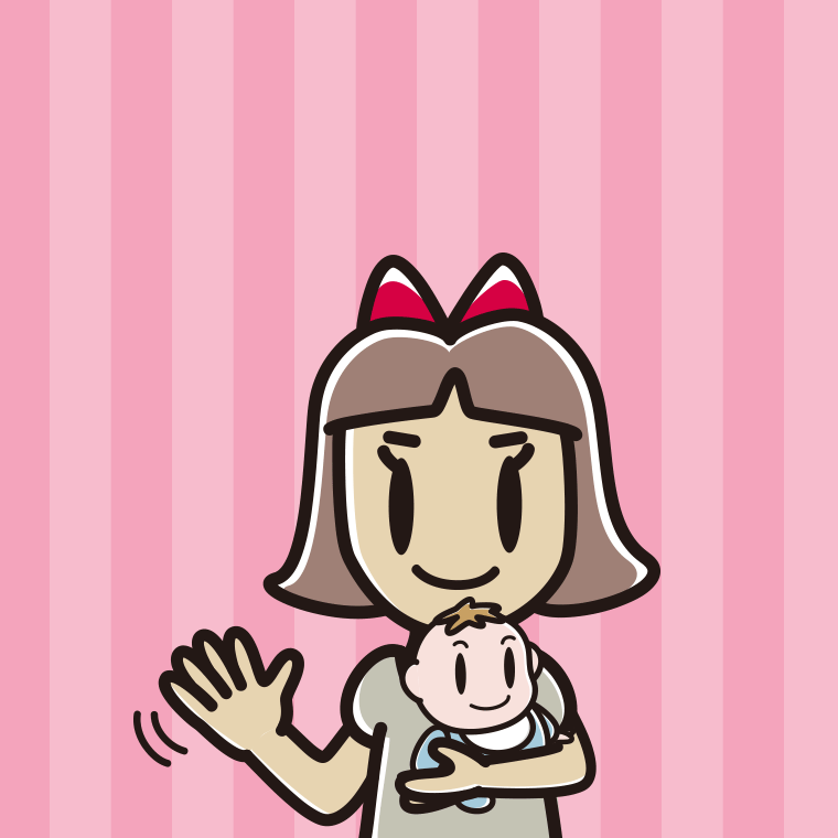 赤ちゃんを抱いて手を振る小学生女子のイラスト【色、背景あり】PNG