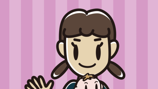 赤ちゃんを抱いて手を振る女子中学生のイラスト【色、背景あり】PNG