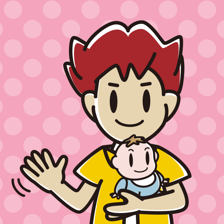 赤ちゃんを抱いて手を振る男子大学生のイラスト【色、背景あり】PNG