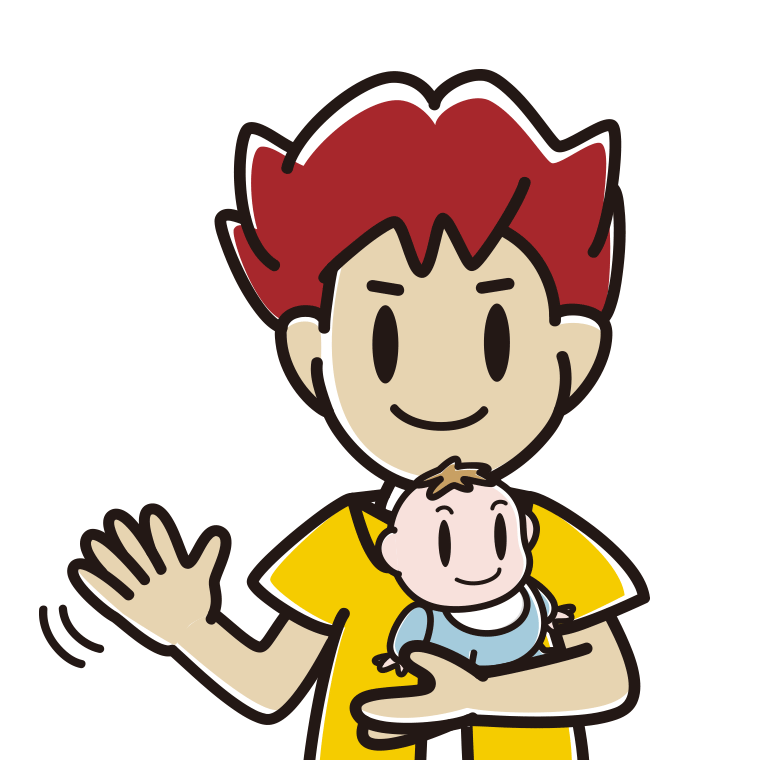 赤ちゃんを抱いて手を振る男子大学生のイラスト【色あり、背景なし】透過PNG