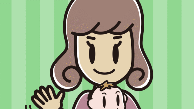 赤ちゃんを抱いて手を振る女子大学生のイラスト【色、背景あり】PNG