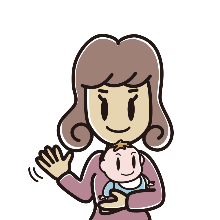 赤ちゃんを抱いて手を振る女子大学生のイラスト【色あり、背景なし】透過PNG