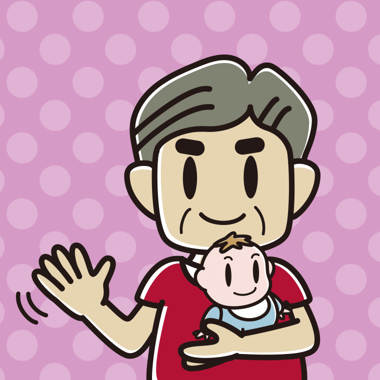 赤ちゃんを抱いて手を振るおじさんのイラスト【色、背景あり】PNG