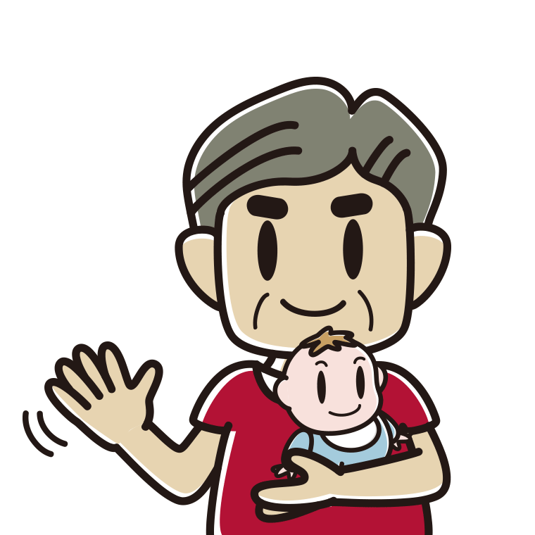 赤ちゃんを抱いて手を振るおじさんのイラスト【色あり、背景なし】透過PNG
