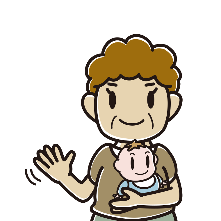 赤ちゃんを抱いて手を振るおばさんのイラスト【色あり、背景なし】透過PNG