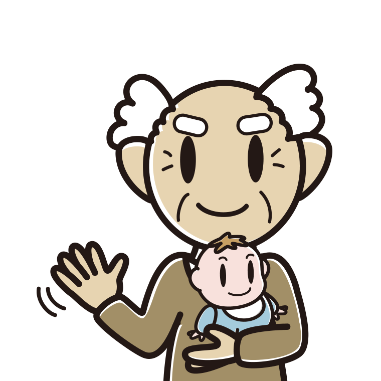 赤ちゃんを抱いて手を振るおじいさんのイラスト【色あり、背景なし】透過PNG