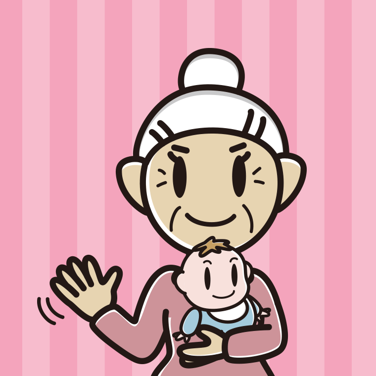 赤ちゃんを抱いて手を振るおばあさんのイラスト【色、背景あり】PNG