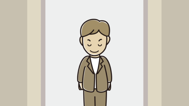 エレベーターでお辞儀する男性会社員（カジュアル）のイラスト【色、背景あり】PNG