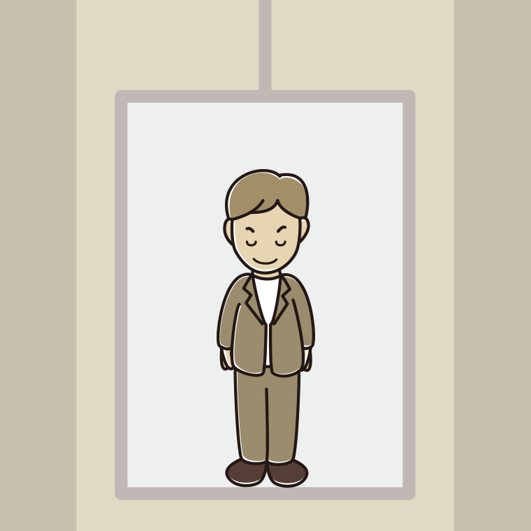 エレベーターでお辞儀する男性会社員（カジュアル）のイラスト【色、背景あり】PNG