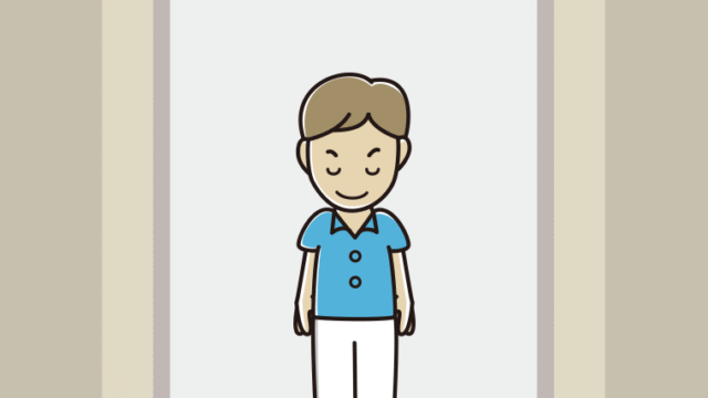 エレベーターでお辞儀する男性会社員（クールビズ）のイラスト【色、背景あり】PNG