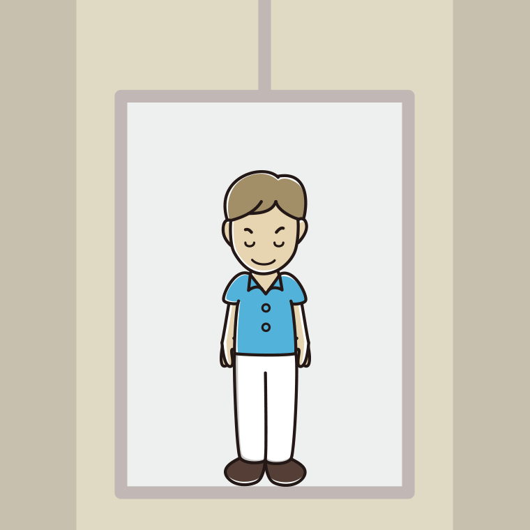 エレベーターでお辞儀する男性会社員（クールビズ）のイラスト【色、背景あり】PNG