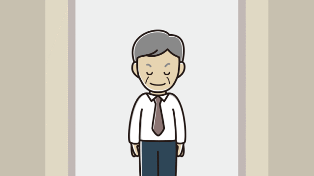 エレベーターでお辞儀する年配男性会社員（ワイシャツ）のイラスト【色、背景あり】PNG