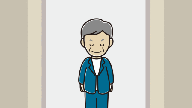エレベーターでお辞儀する年配男性会社員（カジュアル）のイラスト【色、背景あり】PNG