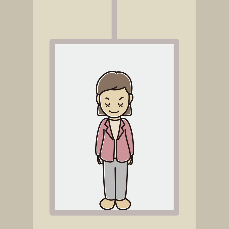 エレベーターでお辞儀する女性会社員（カジュアル）のイラスト【色、背景あり】PNG