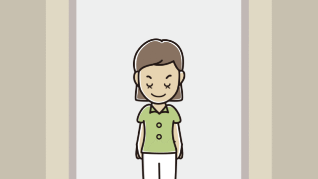 エレベーターでお辞儀する女性会社員（クールビズ）のイラスト【色、背景あり】PNG