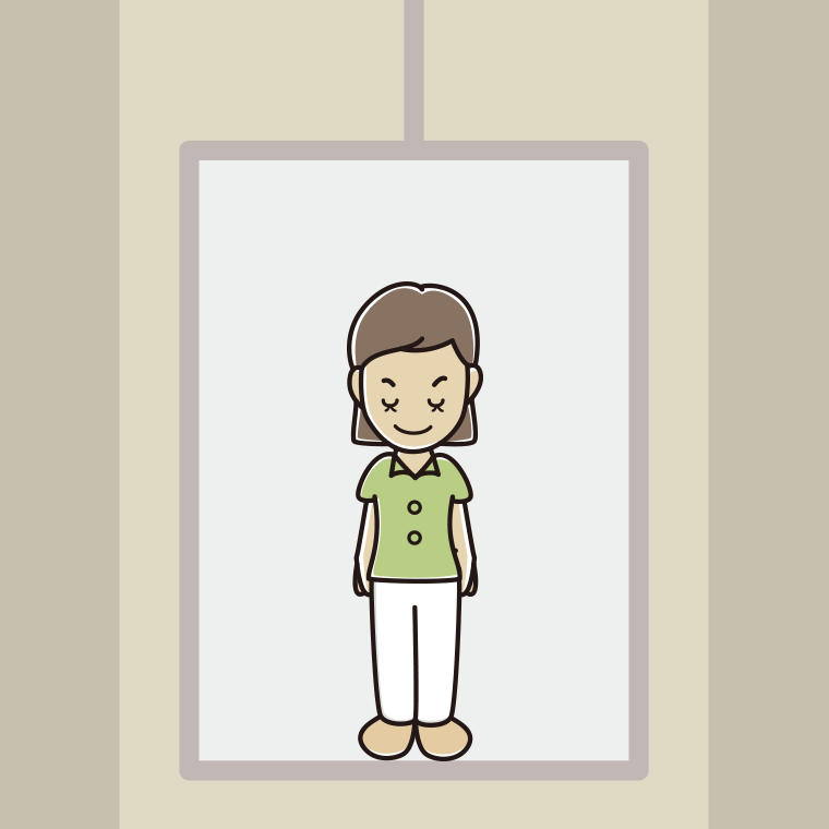 エレベーターでお辞儀する女性会社員（クールビズ）のイラスト【色、背景あり】PNG