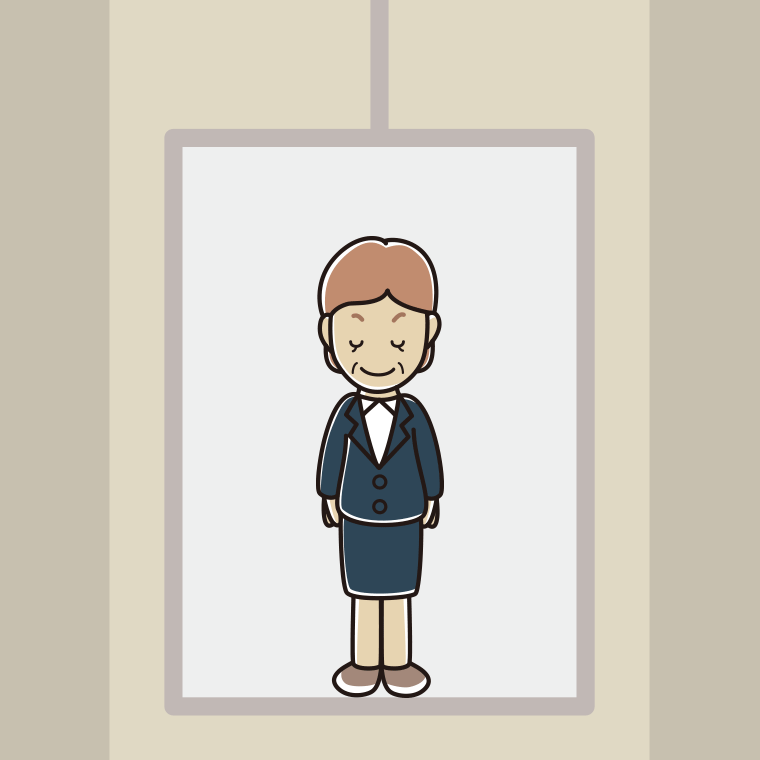 エレベーターでお辞儀する年配女性会社員のイラスト【色、背景あり】PNG