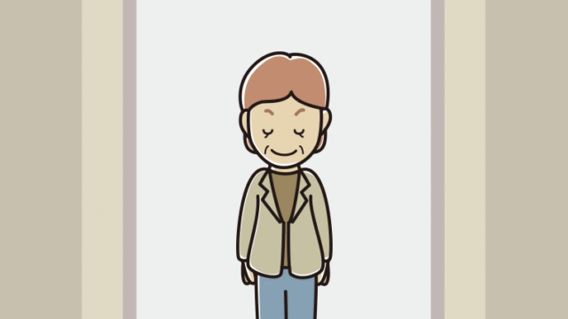 エレベーターでお辞儀する年配女性会社員（カジュアル）のイラスト【色、背景あり】PNG