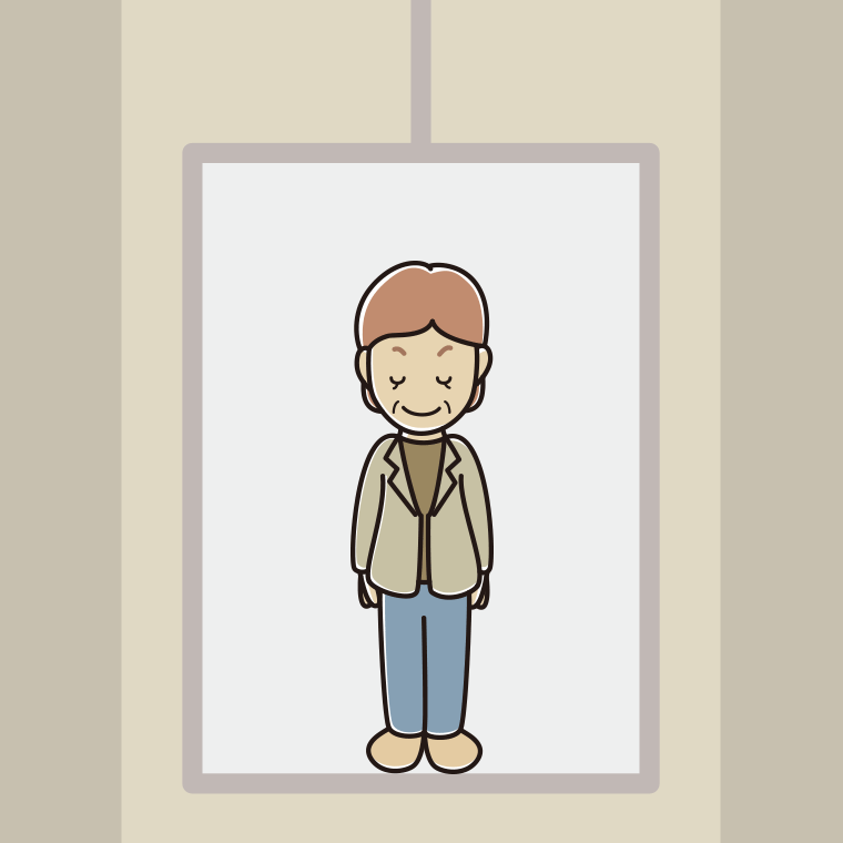 エレベーターでお辞儀する年配女性会社員（カジュアル）のイラスト【色、背景あり】PNG