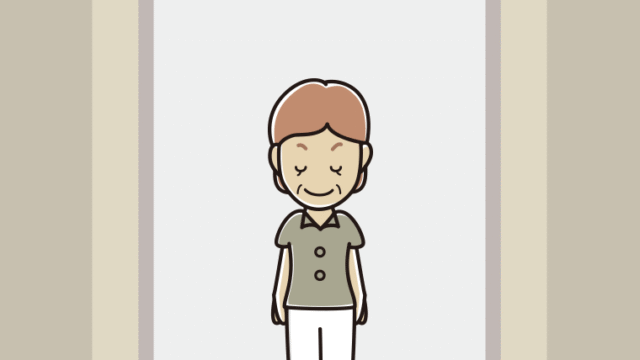 エレベーターでお辞儀する年配女性会社員（クールビズ）のイラスト【色、背景あり】PNG