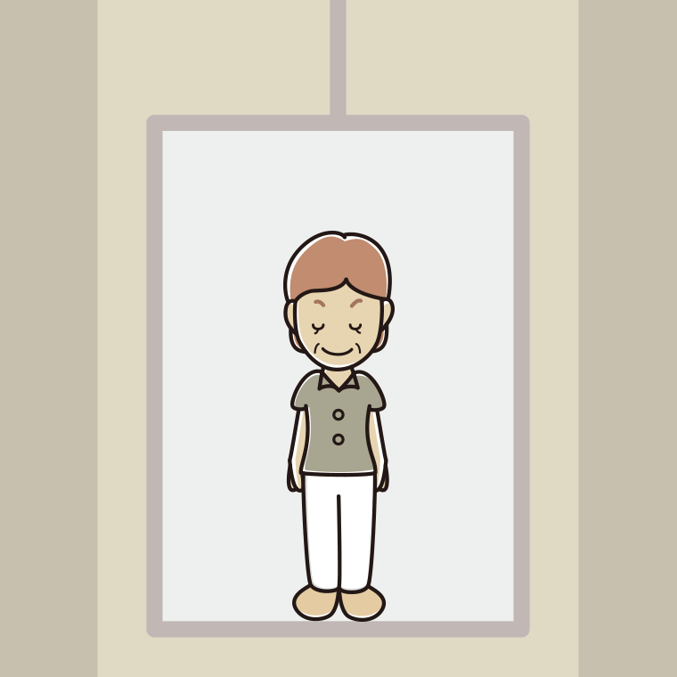 エレベーターでお辞儀する年配女性会社員（クールビズ）のイラスト【色、背景あり】PNG