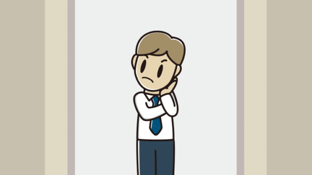 エレベーターで考える男性会社員（ワイシャツ）のイラスト【色、背景あり】PNG