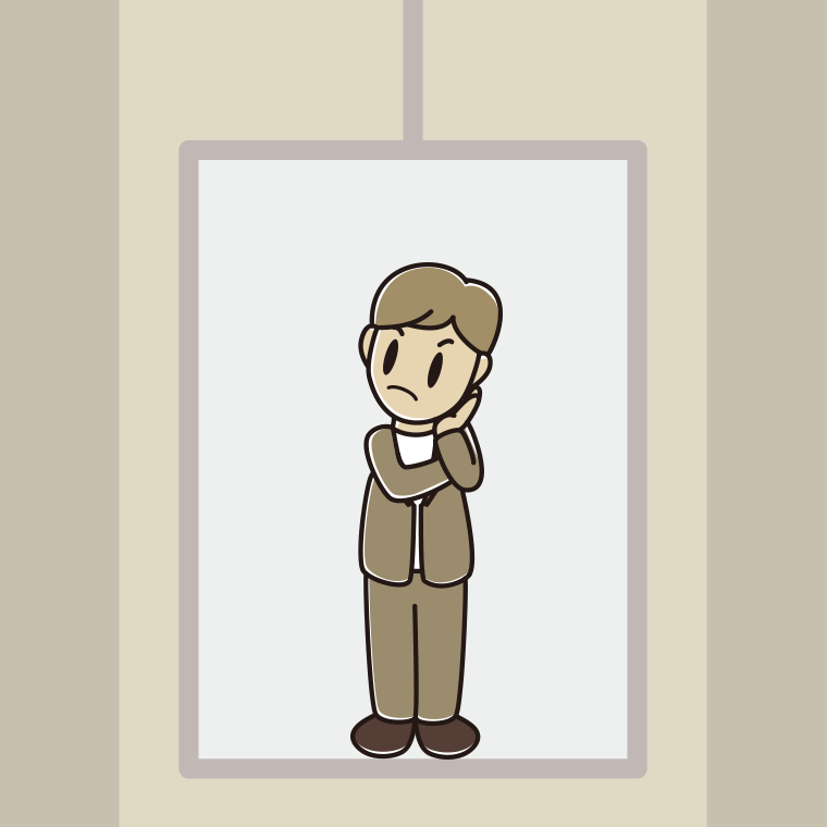 エレベーターで考える男性会社員（カジュアル）のイラスト【色、背景あり】PNG