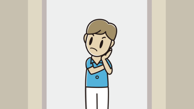 エレベーターで考える男性会社員（クールビズ）のイラスト【色、背景あり】PNG