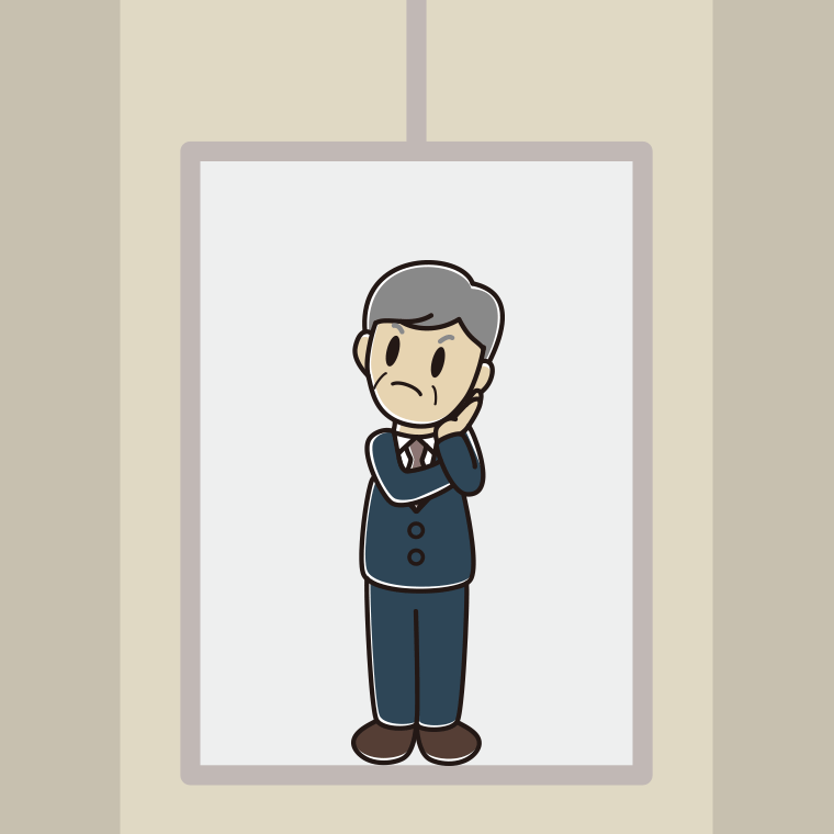 エレベーターで考える年配男性会社員のイラスト【色、背景あり】PNG